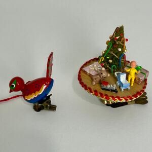 2 Vintage Clip-On Christmas Ornaments Mini Diorama Tree & Taiwan Painted Bird